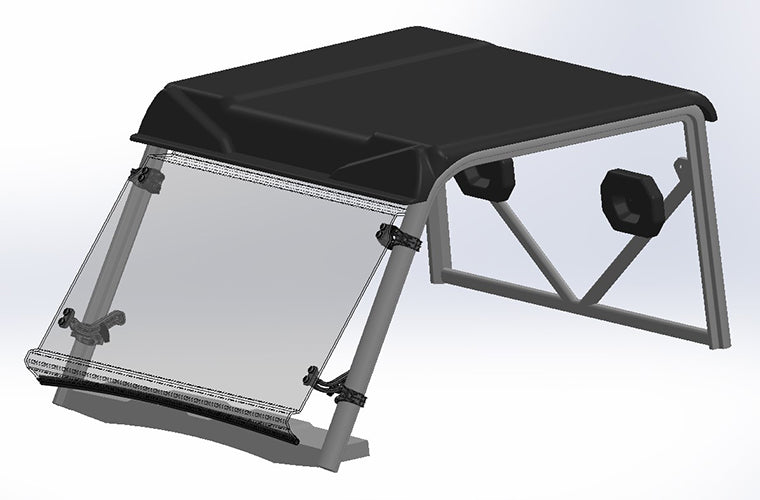 Direction 2 CFWS8000 full-tilt front windshield shown on a CFMOTO UFORCE 600 cab frame