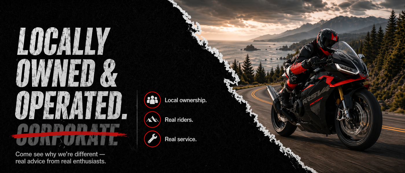 Motorcycle on a scenic road with text about local ownership and operation.